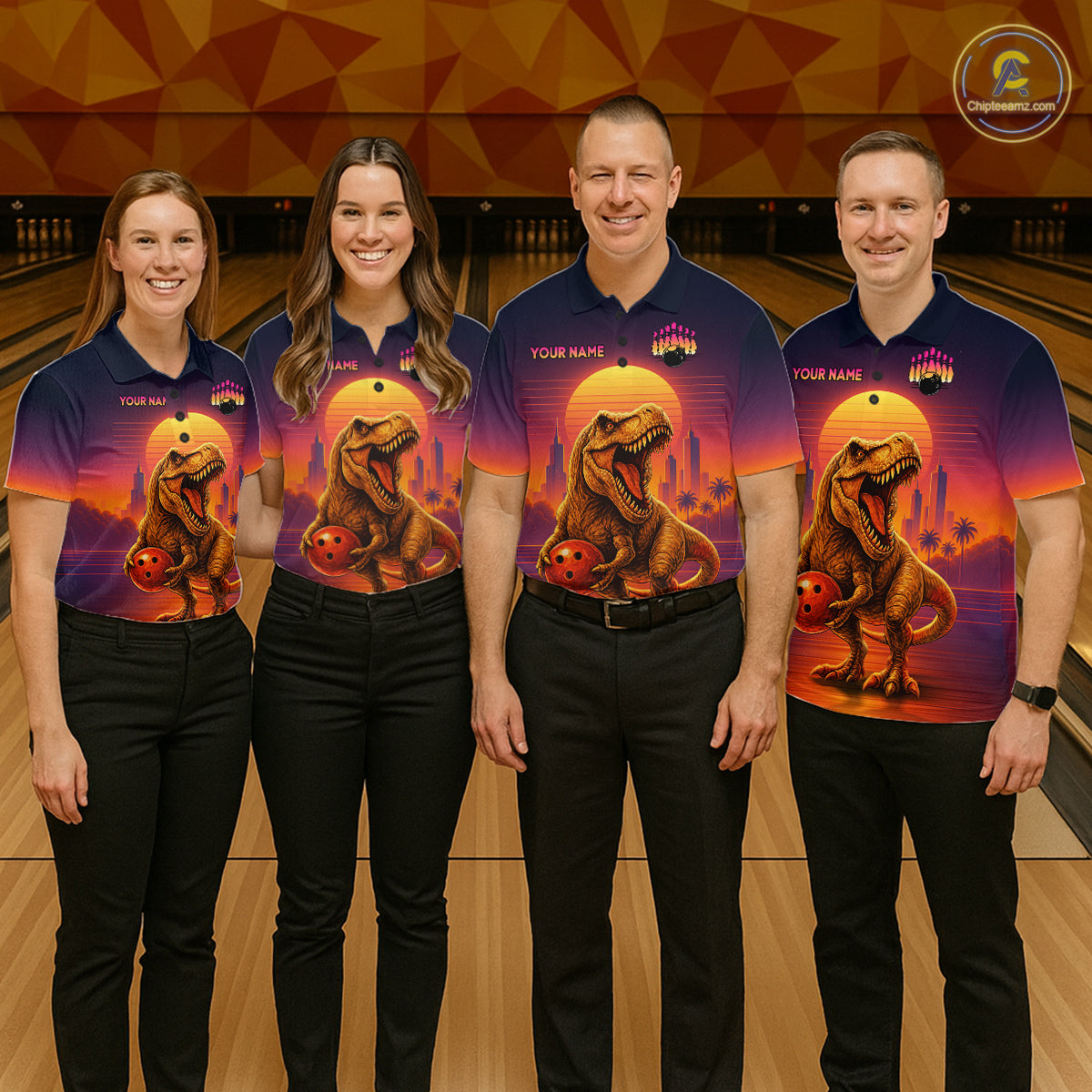 Custom Retro Dinosaur Bowling Jersey for Women Unisex Bowling Shirts for Team Polo & 1/4 Zip HNT242