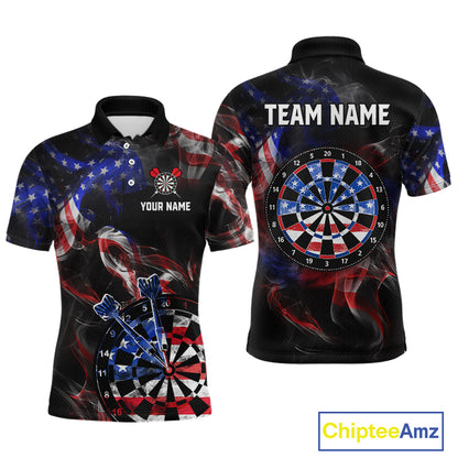 Front and back views of a black darts polo featuring patriotic American flag smoke graphics, dartboards, blue darts, and custom team and player name text.