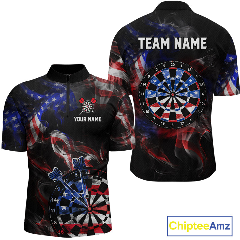 Front and back views of a black darts quarter zip featuring patriotic American flag smoke graphics, dartboards, blue darts, and custom team and player name text.