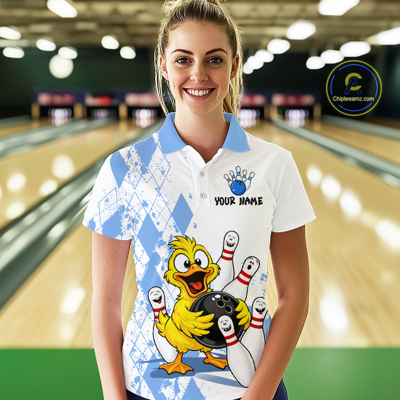 A woman wearing a custom bowling-themed polo shirt with a cartoon yellow duck holding bowling pins and a bowling ball, set against a blurred bowling alley background. A 'Chilespanic' brand logo is visible in the top right corner.