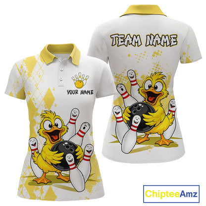 A women's short-sleeve polo shirt shown from the front and back, featuring a cartoon yellow duck bowling with white bowling pins, yellow diamond argyle pattern, and customizable text areas on the chest and back.