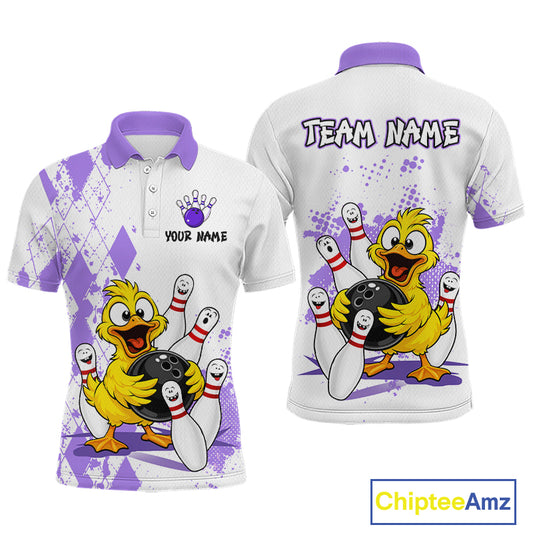 Front and back views of a white short-sleeve polo shirt with a purple collar and purple argyle pattern, featuring a cartoon yellow duck bowling with bowling pins and pins, and customizable text 'YOUR NAME' and 'TEAM NAME'.