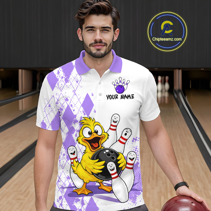 A man wearing a white and purple bowling-themed polo shirt with a cartoon yellow duck holding a bowling ball, set against a bowling alley background. A circular 'Chipleamz.