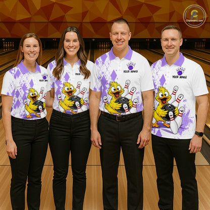 Four people standing together in a bowling alley wearing matching white bowling shirts with purple diamond patterns and a large cartoon bowling character graphic on the front. The shirts also have 'YOUR JUNK' printed on the chest.