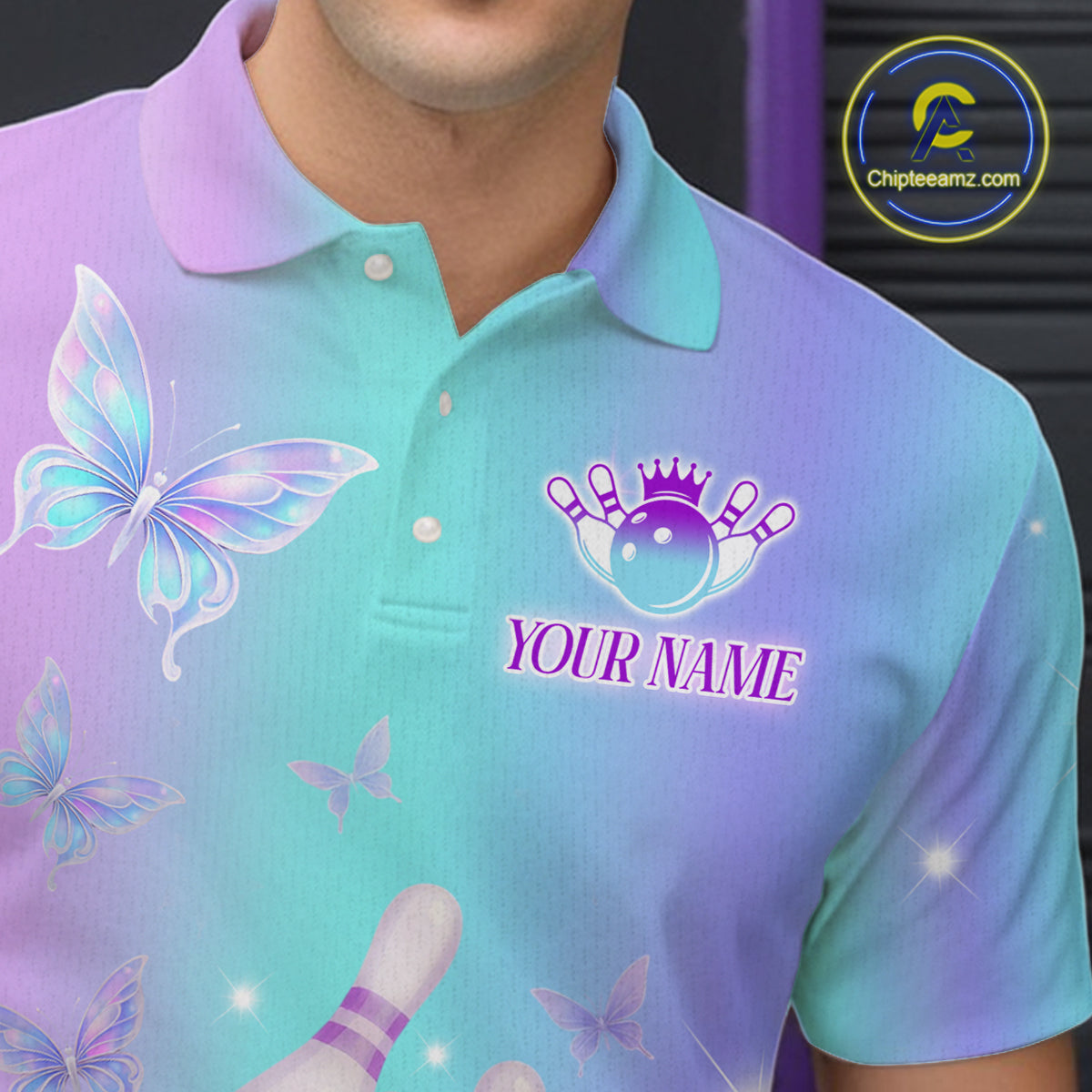 Custom Neon Butterfly Bowling Jersey for Men Bowling Team Shirts Bowling League Polo & 1/4 Zip HNT172