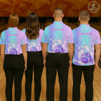 Custom Neon Butterfly Bowling Jersey for Women Bowling Team Shirts Bowling League Polo & 1/4 Zip HNT172