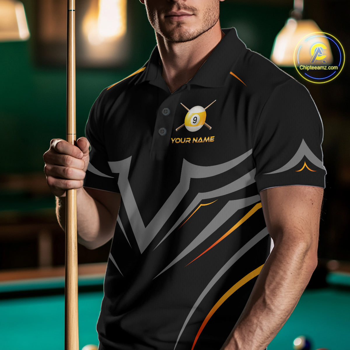 Custom Black and Gold 9 Ball Pool Billiard Shirt for Men Polo & 1/4 Zip Billiard Team Jerseys NNT158