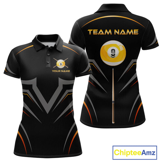 Custom Black and Gold 9 Ball Pool Billiard Shirt for Women Polo & 1/4 Zip Billiard Team Jerseys NNT158