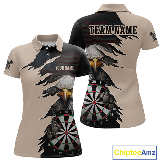 Front and back views of a beige and black darts polo featuring a bald eagle, torn-flag graphics, dartboard designs, and custom team text.