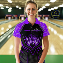 Load image into Gallery viewer, Woman wearing a custom bowling shirt with a purple design in a bowling alley.