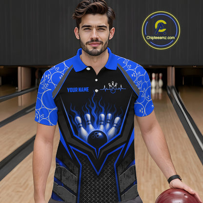 Man wearing a blue and black bowling shirt with a personalized design in a bowling alley.