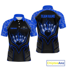 Load image into Gallery viewer, Bowling shirt with blue and black design, featuring a hand holding a bowling ball and 'TEAM NAME' text on the back. Chiptee Amz branding visible.