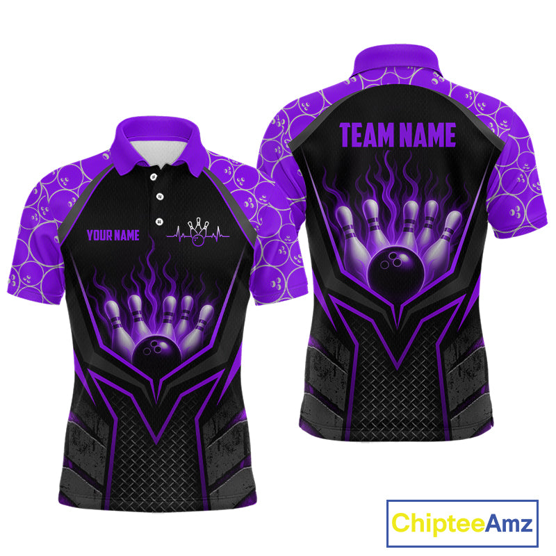 Black and purple bowling shirt with customizable text on a white background