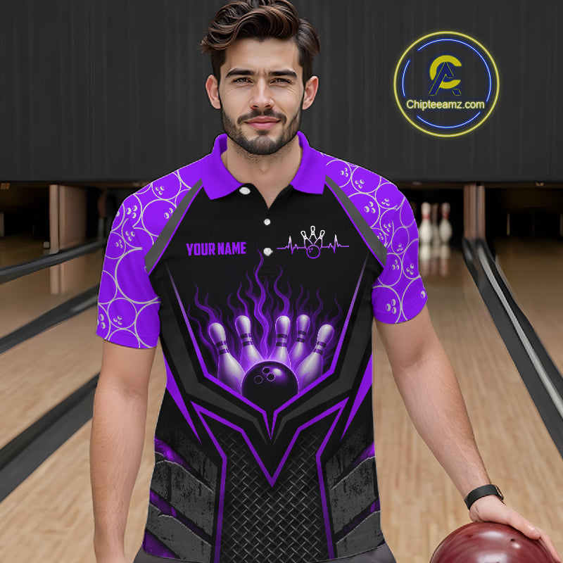 Man wearing a purple and black bowling shirt with a personalized design in a bowling alley.