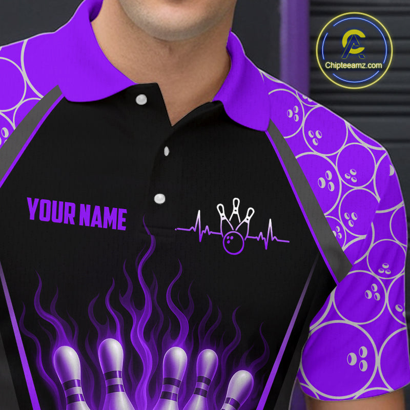 Black and purple bowling shirt with personalized text on a dark background