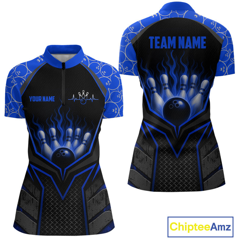 Black and blue sports jersey with 'TEAM NAME' and 'YOUR NAME' text, featuring a bowling design, on a white background.