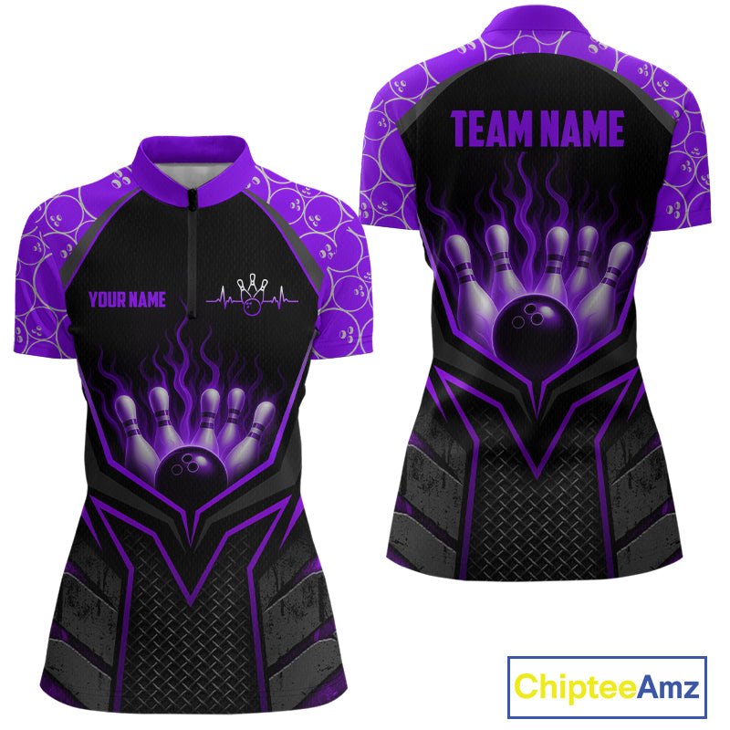 Black and purple bowling jersey with 'Team Name' and 'Your Name' text on a white background.