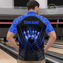 Load image into Gallery viewer, Person wearing a blue and black bowling jersey with 'TEAM NAME' text at a bowling alley.