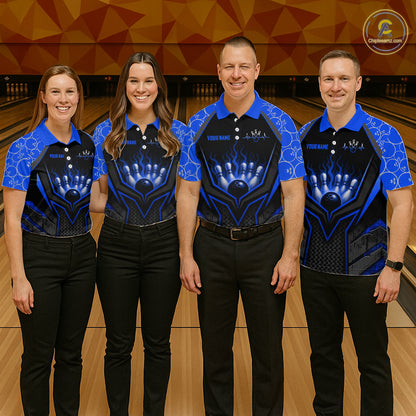 Four people wearing matching blue and black bowling shirts on a bowling alley.