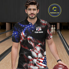 Load image into Gallery viewer, Man in a bowling-themed shirt with American flag design on a bowling alley.