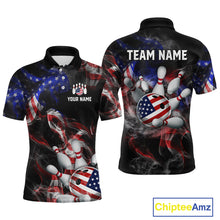 Load image into Gallery viewer, Front and back views of a black patriotic bowling polo with smoky flag graphics, custom team text, and an American flag bowling ball striking pins.