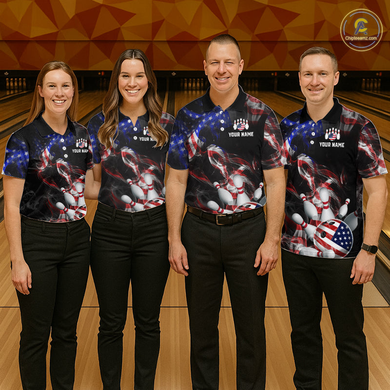 Four people wearing black patriotic bowling polo with smoky flag graphics, custom team text, and an American flag bowling ball striking pins.