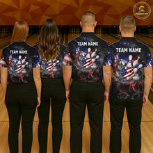 Load image into Gallery viewer, Four people wearing bowling shirts with 'Team Name' text and American flag design on a bowling alley background.