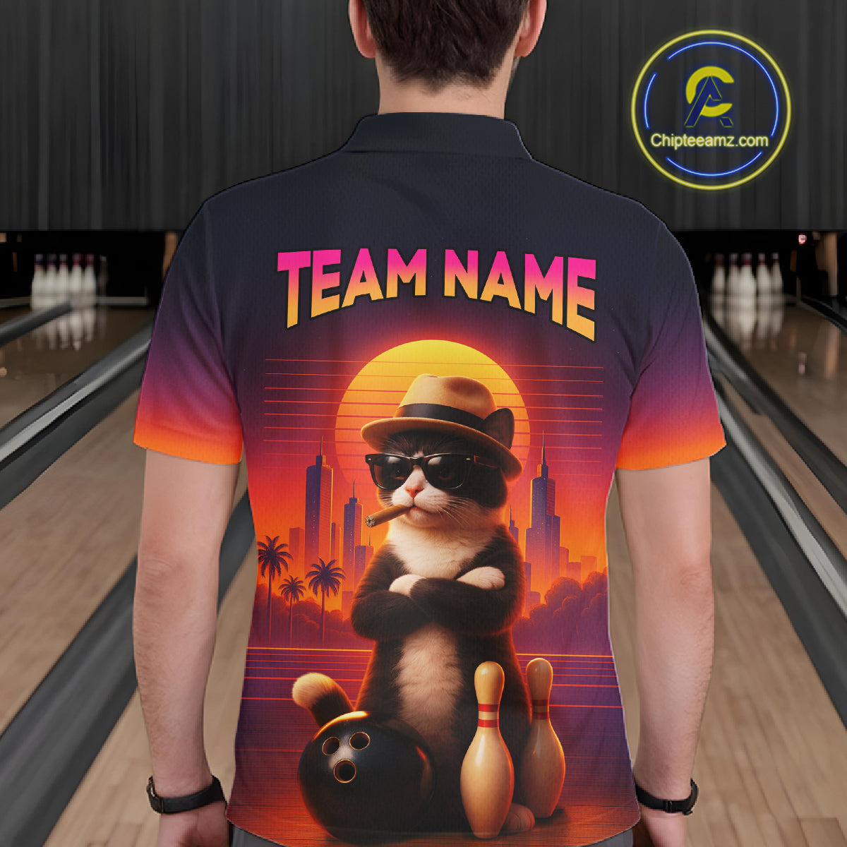 Custom Funny Cat Bowling Jersey for Men Bowling League Bowling Team Shirts Polo & 1/4 Zip HNT197