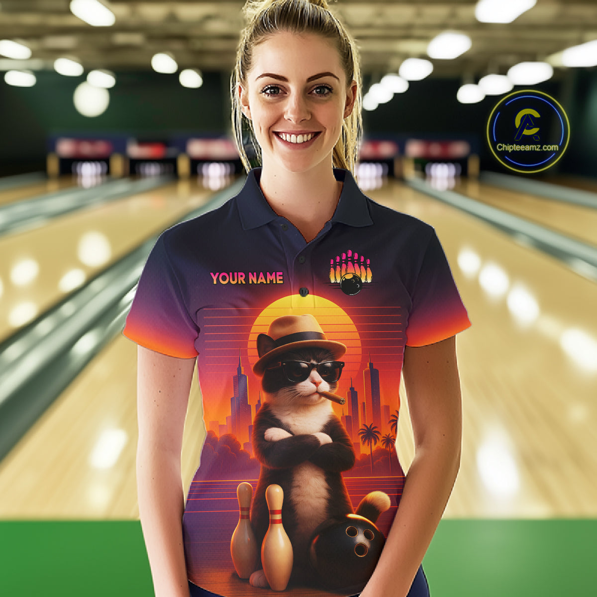 Custom Funny Cat Bowling Jersey for Women Bowling League Bowling Team Shirts Polo & 1/4 Zip HNT197