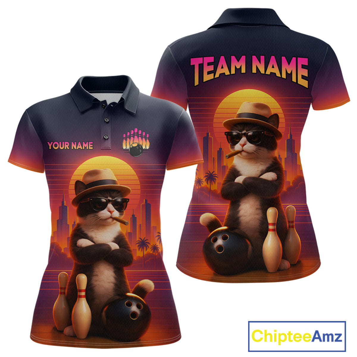 Custom Funny Cat Bowling Jersey for Women Bowling League Bowling Team Shirts Polo & 1/4 Zip HNT197