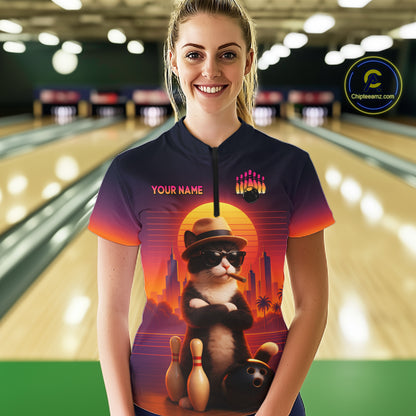 Custom Funny Cat Bowling Jersey for Women Bowling League Bowling Team Shirts Polo & 1/4 Zip HNT197
