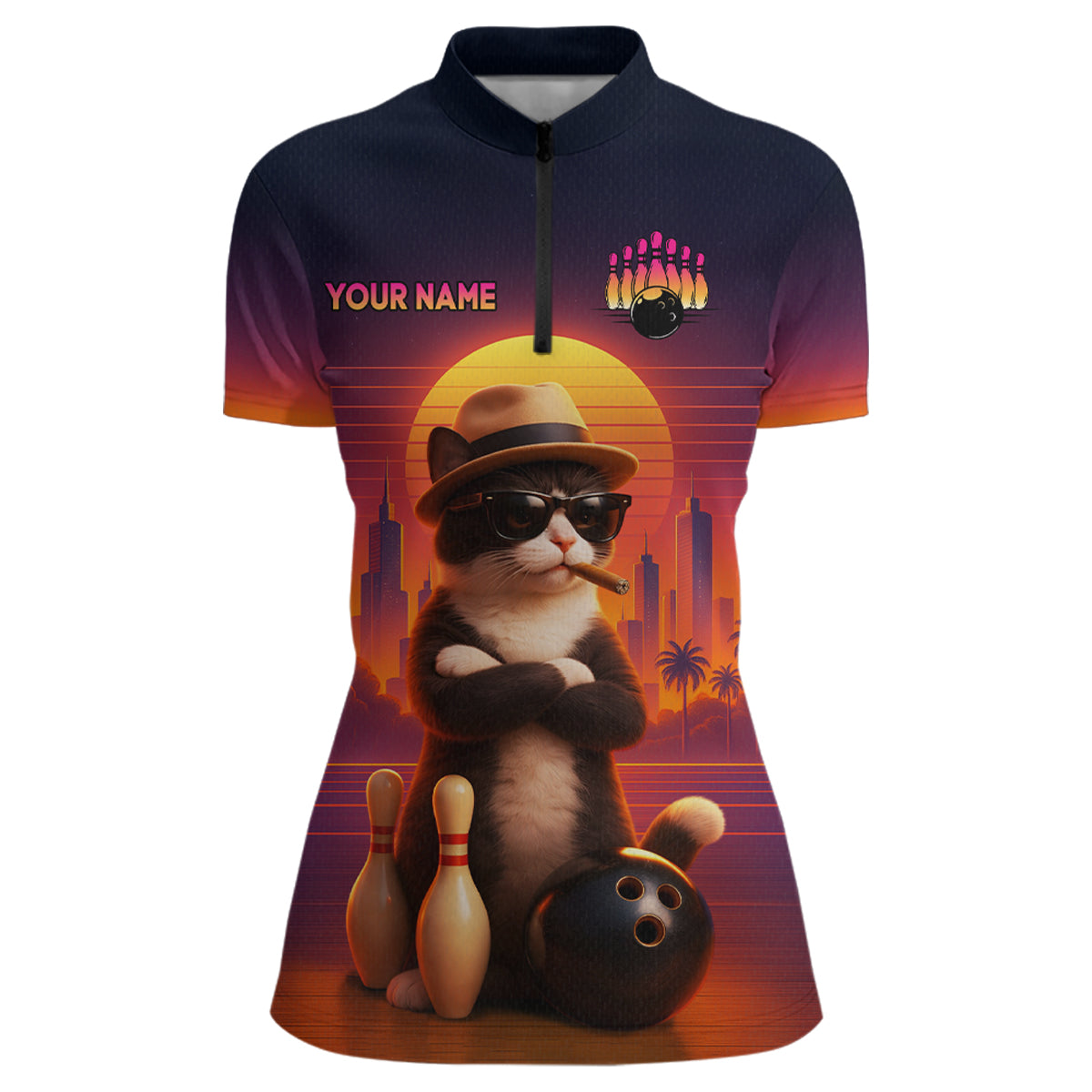 Custom Funny Cat Bowling Jersey for Women Bowling League Bowling Team Shirts Polo & 1/4 Zip HNT197