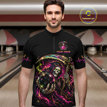 Load image into Gallery viewer, Man wearing a black shirt with colorful graphic design in a bowling alley.