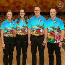 Load image into Gallery viewer, Four people wearing turquoise beach-themed bowling polo with tropical flowers, a crab on a lounge chair, bowling pin characters, and custom team text.
