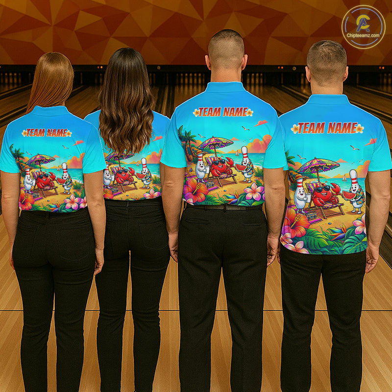 Four people wearing colorful bowling alley-themed shirts with 'Team Name' text on a bowling alley background.