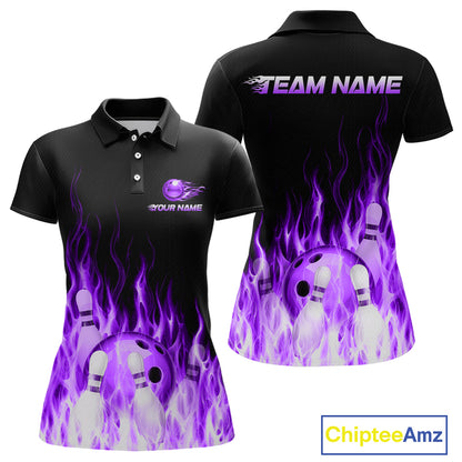 Black and purple bowling-themed polo shirt with flame design on a white background