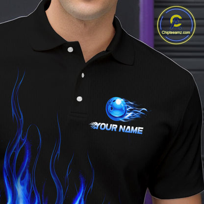 Black polo shirt with blue flame design and customizable text on a dark background