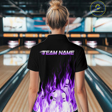 Load image into Gallery viewer, Person wearing a black bowling shirt with purple designs and 'Team Name' text in a bowling alley.