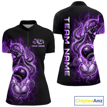 Custom Purple Flame Octopus Bowling Jersey for Women Bowling Team Shirts Polo & 1/4 Zip HNT506