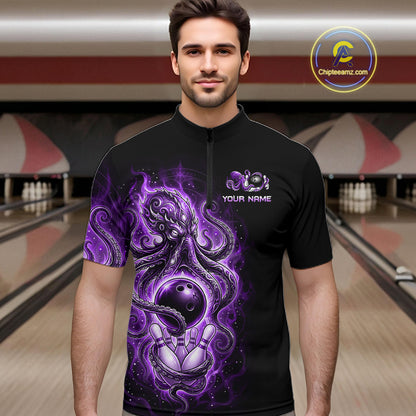 Custom Purple Flame Octopus Bowling Jersey for Men Bowling Team Shirts Polo & 1/4 Zip HNT506
