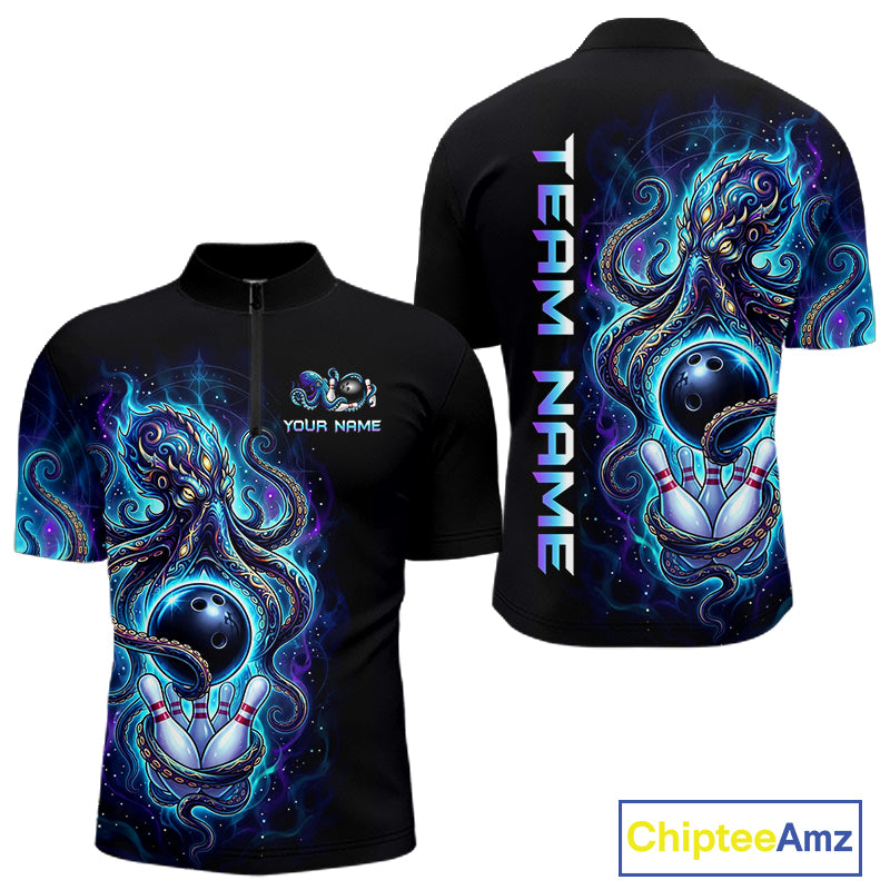 Custom Turquoise Flame Octopus Bowling Jersey for Men Bowling Team Shirts Polo & 1/4 Zip HNT506