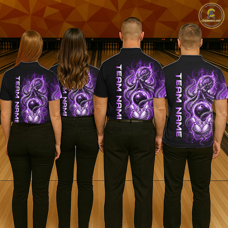 Custom Purple Flame Octopus Bowling Jersey for Men Bowling Team Shirts Polo & 1/4 Zip HNT506