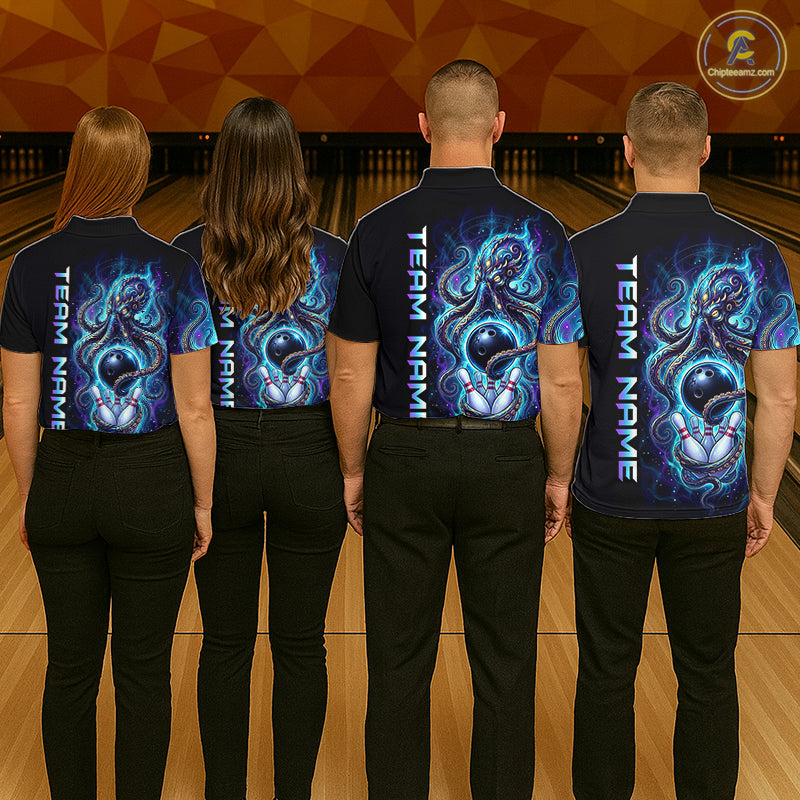 Custom Turquoise Flame Octopus Bowling Jersey for Men Bowling Team Shirts Polo & 1/4 Zip HNT506