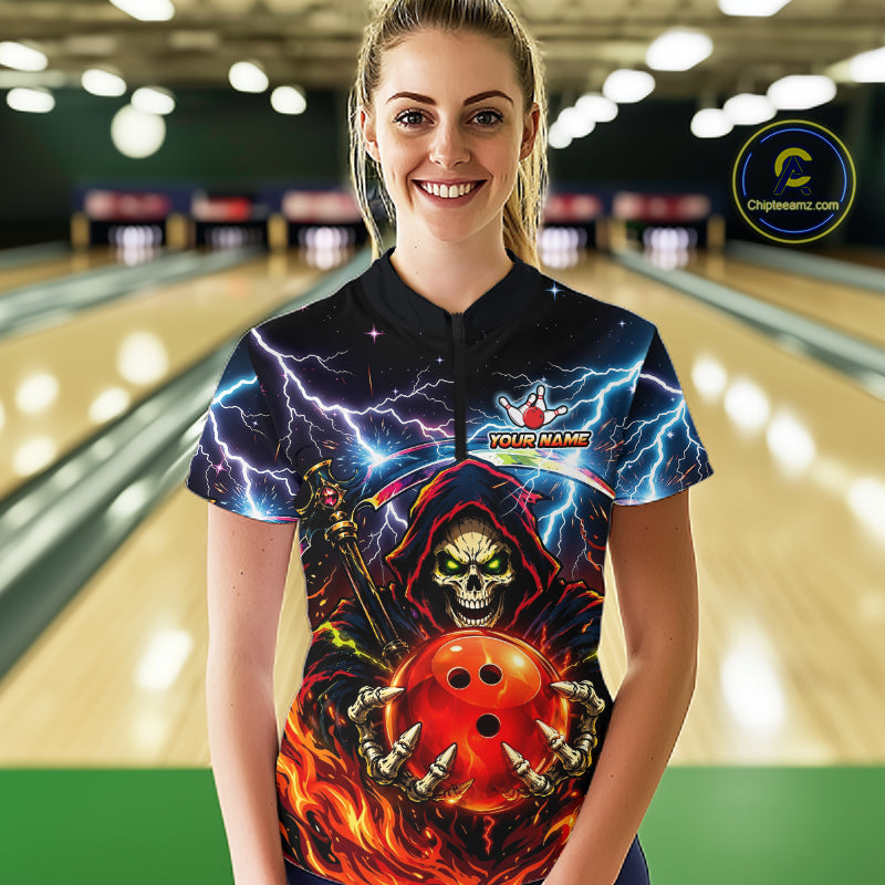 Custom Thunder Flame Grim Reaper Bowling Jersey for Women Bowling Team Shirts Polo & 1/4 Zip HNT507