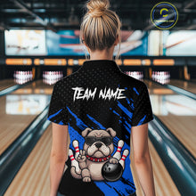 Load image into Gallery viewer, Women’s blue Bulldog bowling polo shirt, back view on female model in bowling lane 