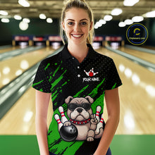 Load image into Gallery viewer, Women’s green Bulldog bowling polo shirt, front view on female model in bowling lane 
