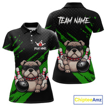 Load image into Gallery viewer, Custom green funny bulldog bowling jersey for women, personalized team bowling polo shirt front view and back view.