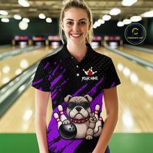 Load image into Gallery viewer, Women’s purple Bulldog bowling polo shirt, front view on female model in bowling lane 