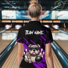 Load image into Gallery viewer, Women’s purple Bulldog bowling quarter zip shirt, back view on female model in bowling lane 