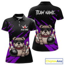 Load image into Gallery viewer, Custom purple funny bulldog bowling jersey for women, personalized team bowling polo shirt front view and back view.